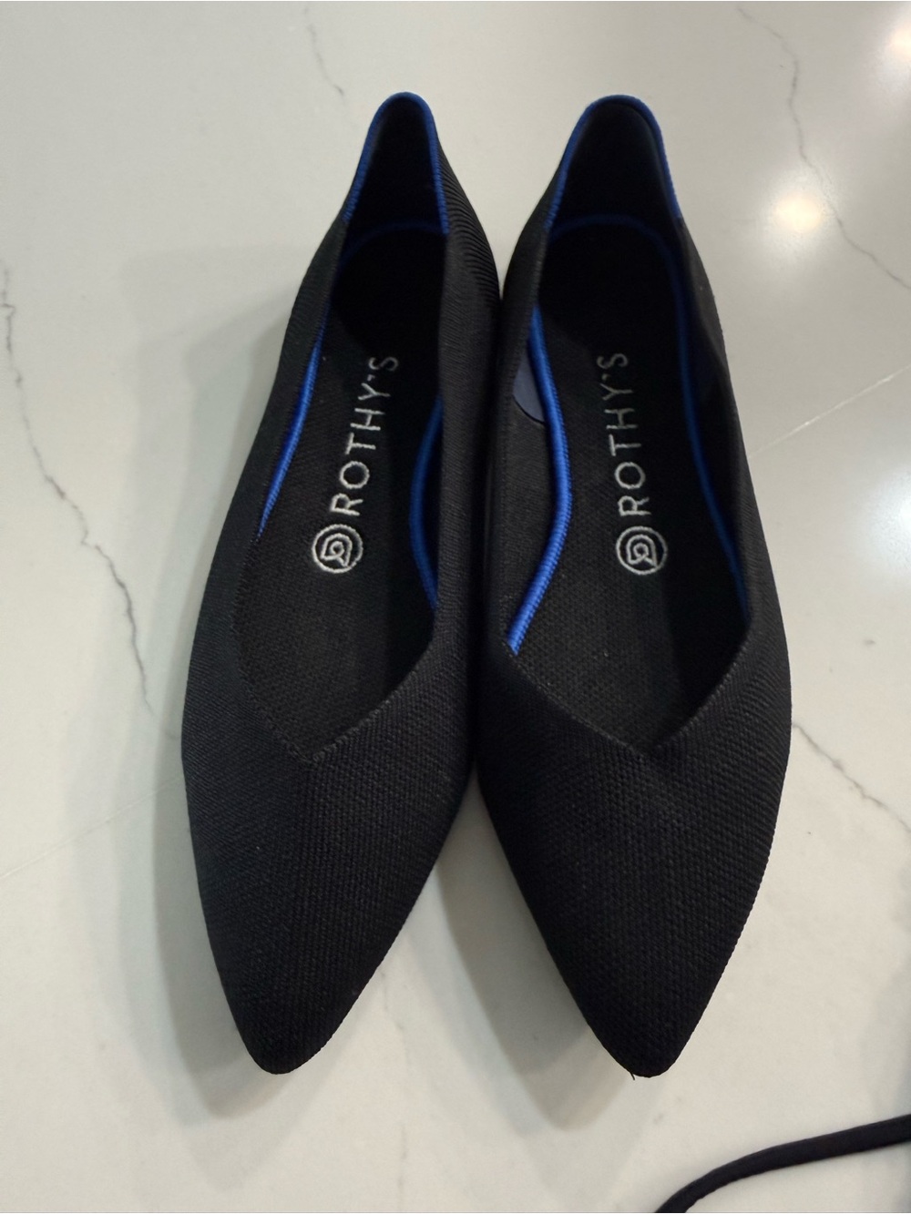 Rothy's Black Pointed Knit Flats with Blue Trim
